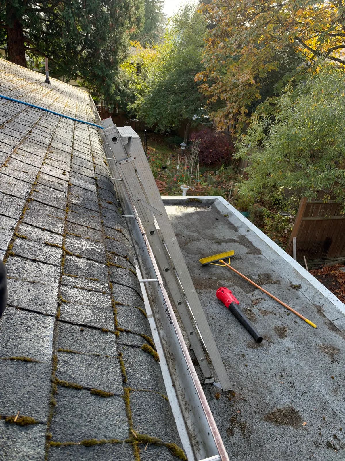 The gutter beside the ladder after leaves and debris were cleared.