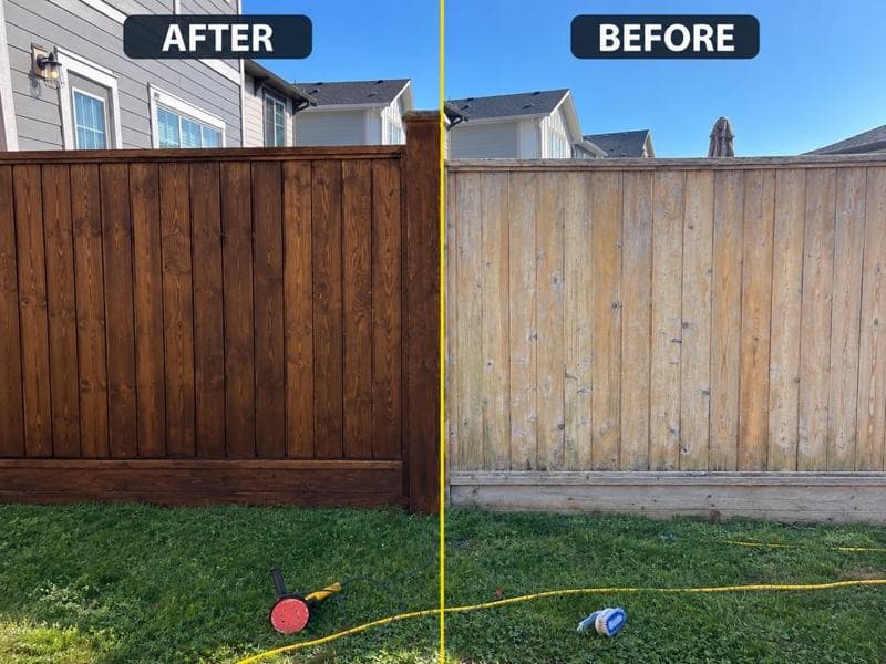 GES fence staining comparison, with the stained fence on the left and the original fence on the right